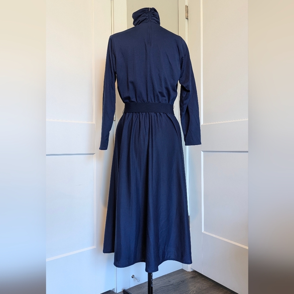 Vintage Act III women's dress size 14 midi belt high neck flair navy blue retro - Picture 3 of 5
